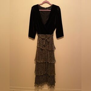 Leslie Fay.  Black Velvet Gown V-Neck Tie Waist Ruffled Flare Hem. Size 14.